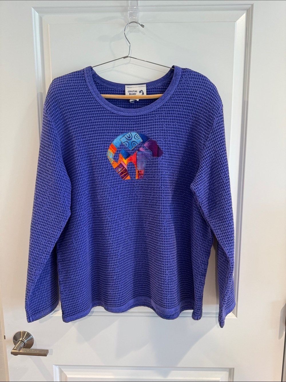 Vintage Crystal Blues Waffle Knit Top Kokopelli Patch Made USA Purple Southwest